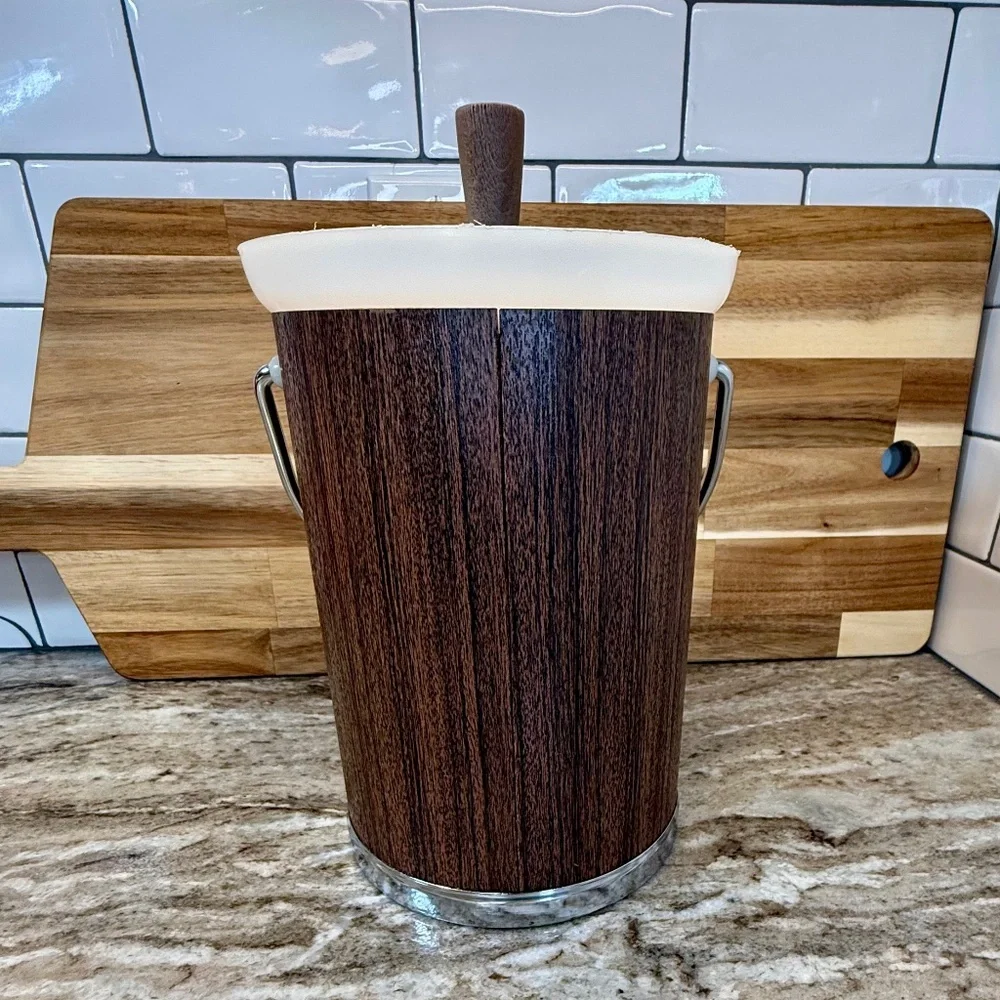 🧊 Vintage Kromex Faux Wood Ice Bucket w/ Silver Tongs — Mid‑Century Charm! 🍸